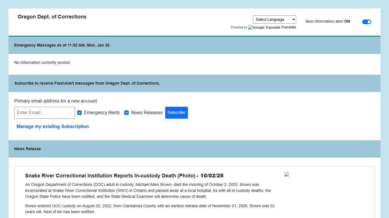 Oregon Dept. Of Corrections News via Flashalert.net